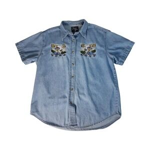 Quizz Again Women Large Denim Shirt Short Embroidered Gardening Bears